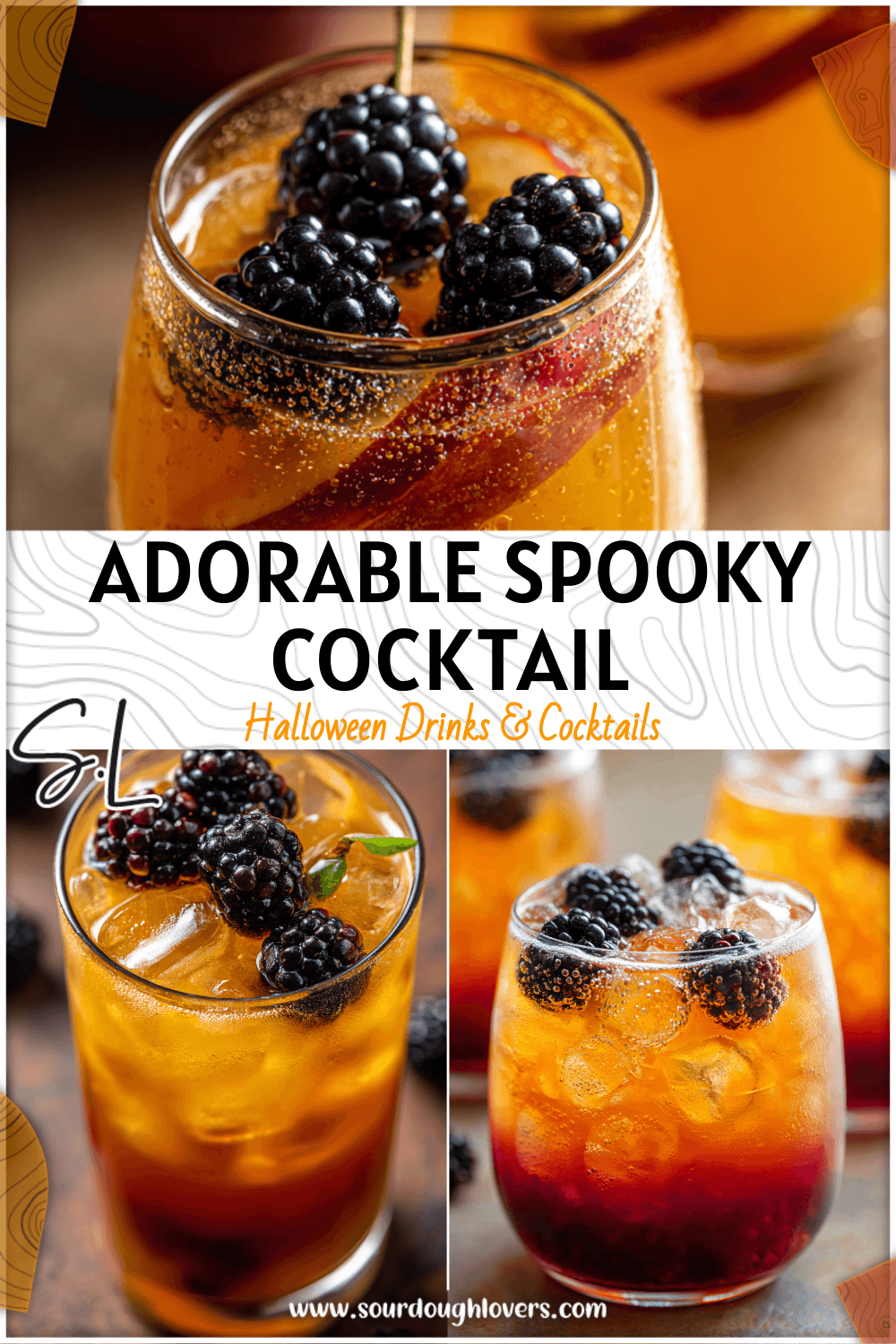 Layered glass of apple cider topped with blackberries styled as a cute fall cocktail for Halloween 2